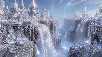 a cliffside city with waterfalls cascading into a misty canyon, wide establishing shot, no people, no text