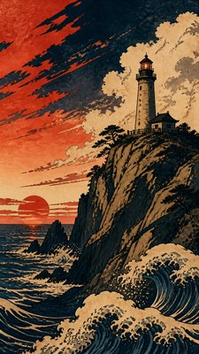 a lone lighthouse on a cliff at dusk under a dramatic sky, no text or lettering