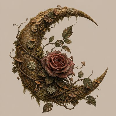 a rose entwined with a crescent moon, clean balanced composition on a plain background, no text