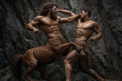 a couple of men standing next to each other near a horse