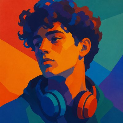 head-and-shoulders portrait of an original character: a young man with curly dark hair and headphones around his neck, plain backdrop, no text
