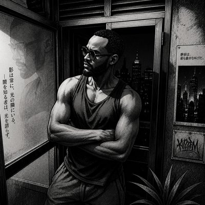 a black and white photo of a man in a tank top