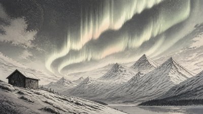 a flowing aurora over snowy peaks, wide sweeping composition, no people, no text