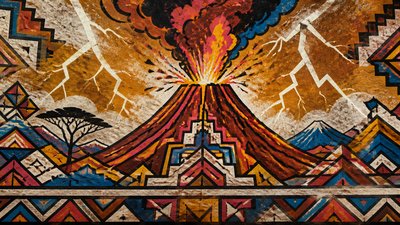 an erupting volcano with lightning strikes, dramatic wide composition, no text
