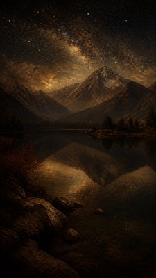 a tranquil mountain lake beneath a starry night sky, no people, no text