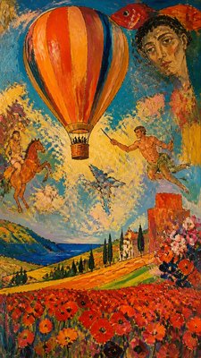 a hot air balloon drifting over rolling flower fields on a sunny day, cheerful, no text