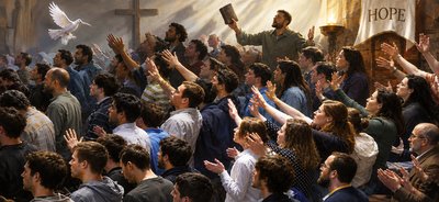 a painting of a crowd of people raising their hands