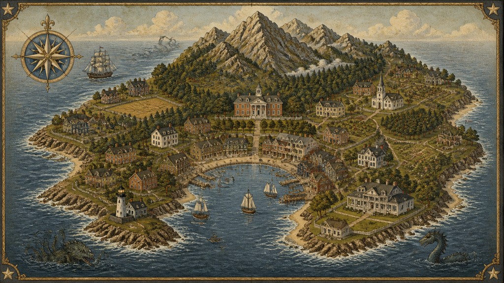a map of an island realm with mountains, forests, a sheltered bay, sea monsters in the water and a compass rose, no text labels