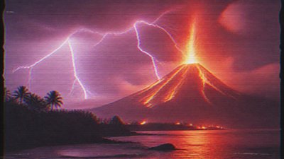 an erupting volcano with lightning strikes, dramatic wide composition, no text
