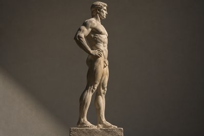 side view of an ancient greek ignudi athlete standing with his hands on his hips 