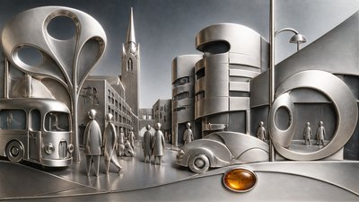 bustling city street panorama at dusk