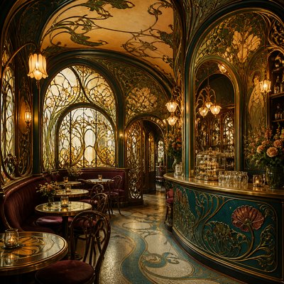 cozy cafe interior with warm lighting