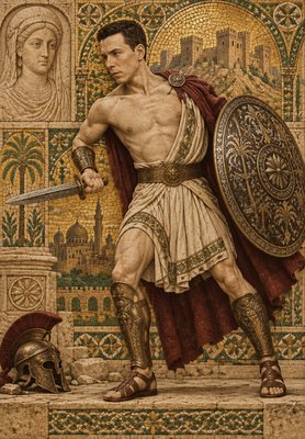 a painting of a roman soldier holding a sword and shield