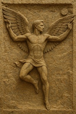 a statue of a man with wings on a wall