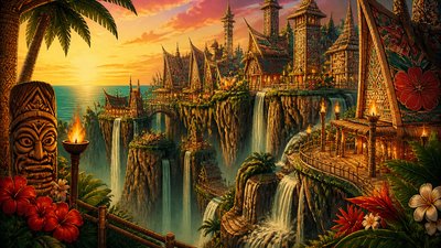a cliffside city with waterfalls cascading into a misty canyon, wide establishing shot, no people, no text