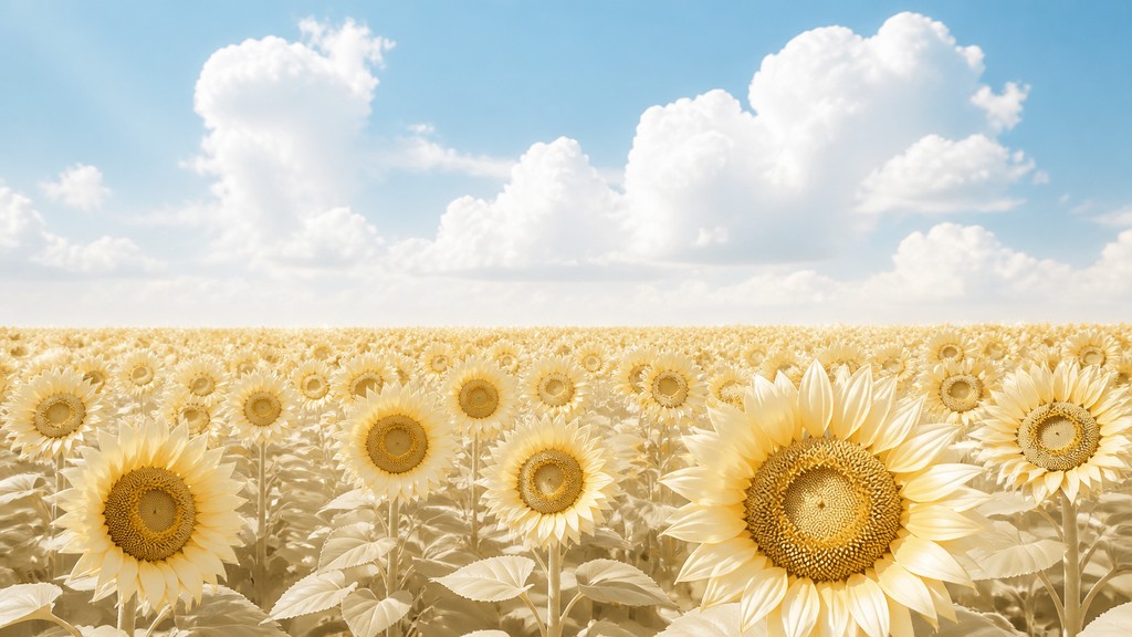 an endless field of sunflowers under summer clouds, no people