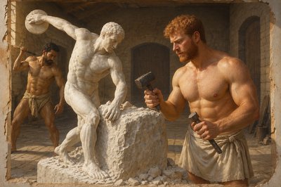 a man holding a hammer next to a statue