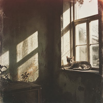 a cat lounging in a sunlit window
