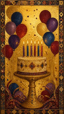 a birthday cake with lit candles surrounded by balloons and confetti, festive vertical composition, no text