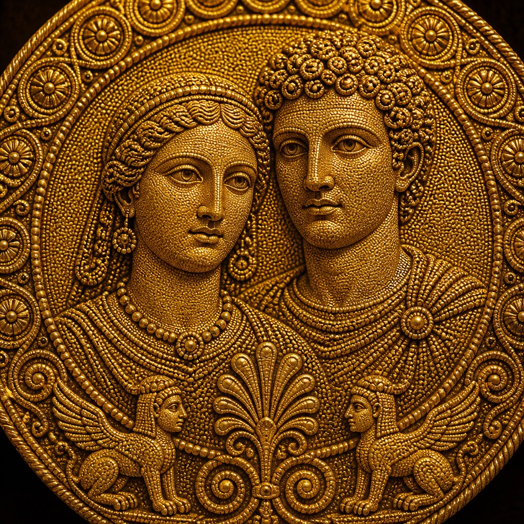 portrait of two people together — Etruscan Granulation Jewelry Style