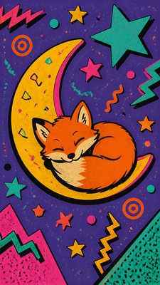 a sleeping baby fox curled on a crescent moon among soft stars, gentle and warm, no text
