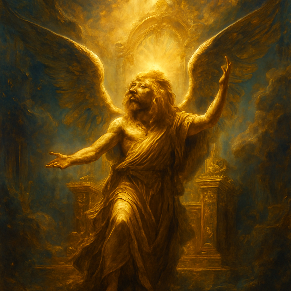 A mystical fantasy angel with a lion head standing at God's throne in heaven, with suspense and serenity. Vibrant colors that immediately catch the eye, and soft lighting envelops the scene, enhancing its ethereal beauty. The angel strikes a graceful pose, signifying freedom and power. Dreamlike quality, a world of imagination and enchantment