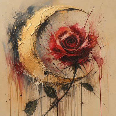 a rose entwined with a crescent moon, clean balanced composition on a plain background, no text