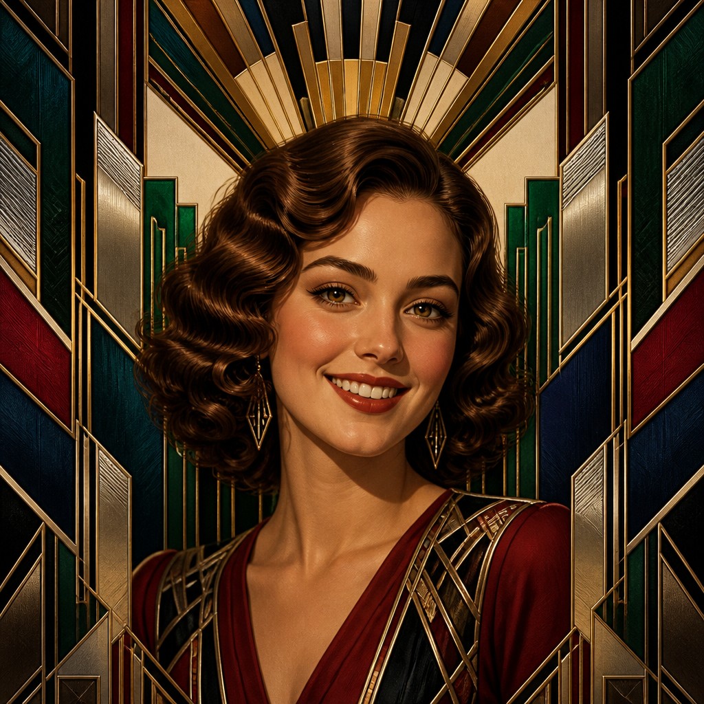 head-and-shoulders portrait of an original character: a young woman with wavy chestnut hair and a warm smile, plain soft backdrop