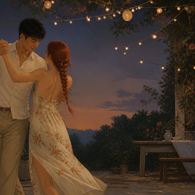 an original couple dancing under string lights in a garden at dusk: a man with short black hair in a linen shirt and a woman with braided red hair in a summer dress