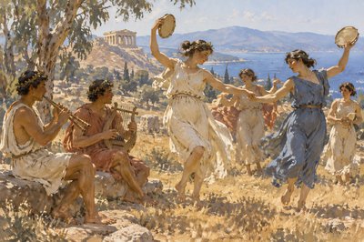 ancient greek musicians and dancers playing their instruments