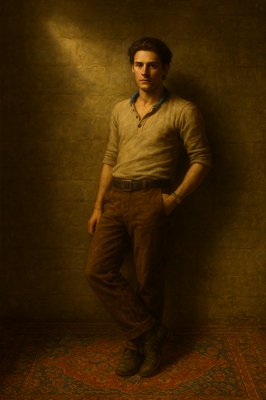 a painting of a man leaning against a wall