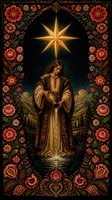 a robed figure pouring water beneath a large eight-pointed star in a night sky, symmetrical composition with an ornate decorative border, no text