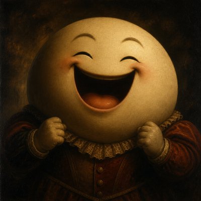 an exaggerated laughing face of an original round mascot character, bold and readable at small size, plain background, no text