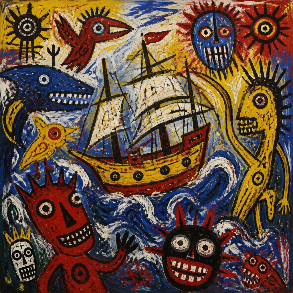 sailing ship on a stormy sea — CoBrA Art Style