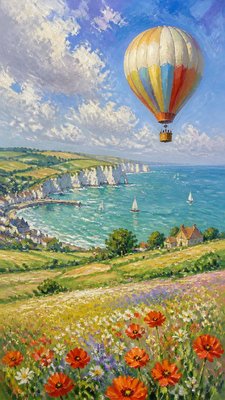 a hot air balloon drifting over rolling flower fields on a sunny day, cheerful, no text