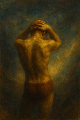 a painting of a man with his hands on his head