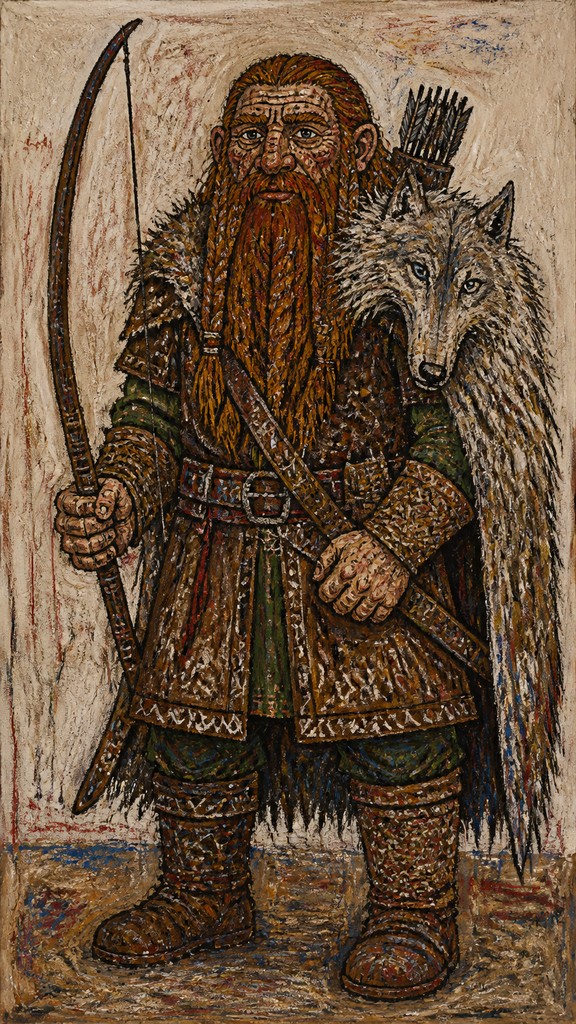 full-body original character: a dwarven ranger with a braided auburn beard, worn leather armor, a longbow and a wolf-pelt cloak, neutral background, no text