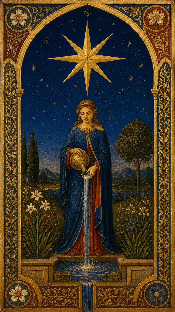 a robed figure pouring water beneath a large eight-pointed star in a night sky, symmetrical composition with an ornate decorative border, no text
