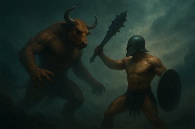 a painting of a man holding a sword next to a demon