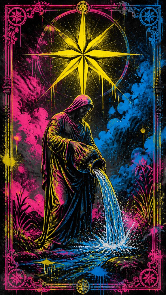 a robed figure pouring water beneath a large eight-pointed star in a night sky, symmetrical composition with an ornate decorative border, no text