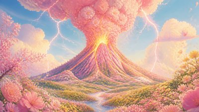 an erupting volcano with lightning strikes, dramatic wide composition, no text
