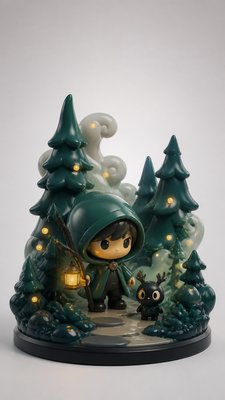 a mysterious forest path with fireflies and drifting mist, atmospheric vertical composition with open space at the top, no text