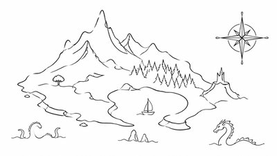 a map of an island realm with mountains, forests, a sheltered bay, sea monsters in the water and a compass rose, no text labels