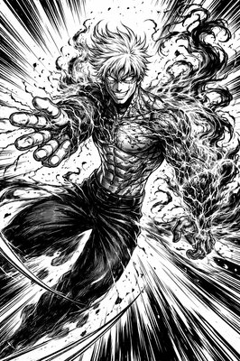 a black and white drawing of a man with his arms outstretched