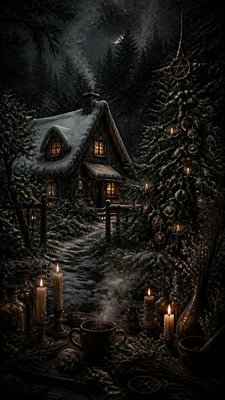 a snow-covered cottage with warm glowing windows beside a decorated pine tree, gentle snowfall, no text