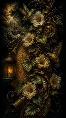 a climbing vine of flowers and hummingbirds on a dark background, tall wrapping composition, no text