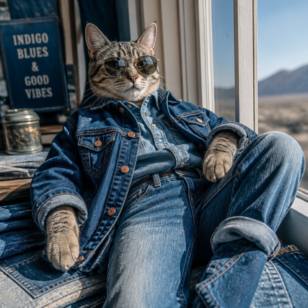 a cat lounging in a sunlit window — Denim-on-Denim Fashion Style