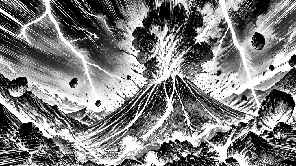 an erupting volcano with lightning strikes, dramatic wide composition, no text