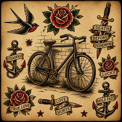 bicyle resting against a wall — Tattoo Flash Art Style