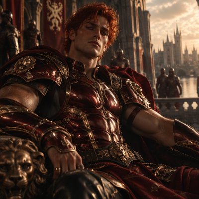 Je veux que tu me fasses un guerrier, tres modern avec une armure moderne genre full rouge sombre doré on voit ses muscle et il a pas de barbe et des cheveux ondulé court il est hot et un peu poilu pour le realisme il est roue cheveux et a des yeux rouge foncé vif on dirait presque un dieu dans le theme des rois de anglettere ancien moderne on voit pas son ventre et ses cheveux sont roue oranger naturelle pas rouge